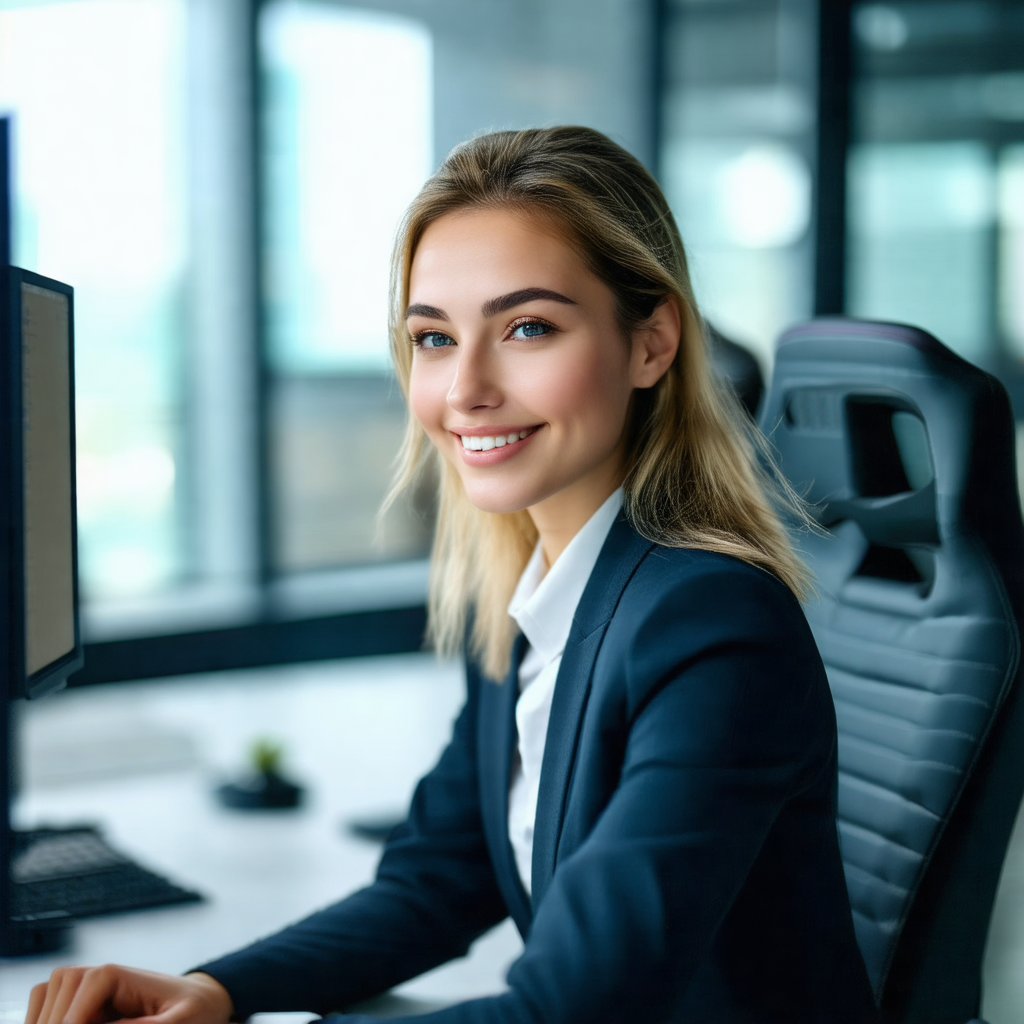 Woman wearing a suit and tie, sitting at a desk in an off...