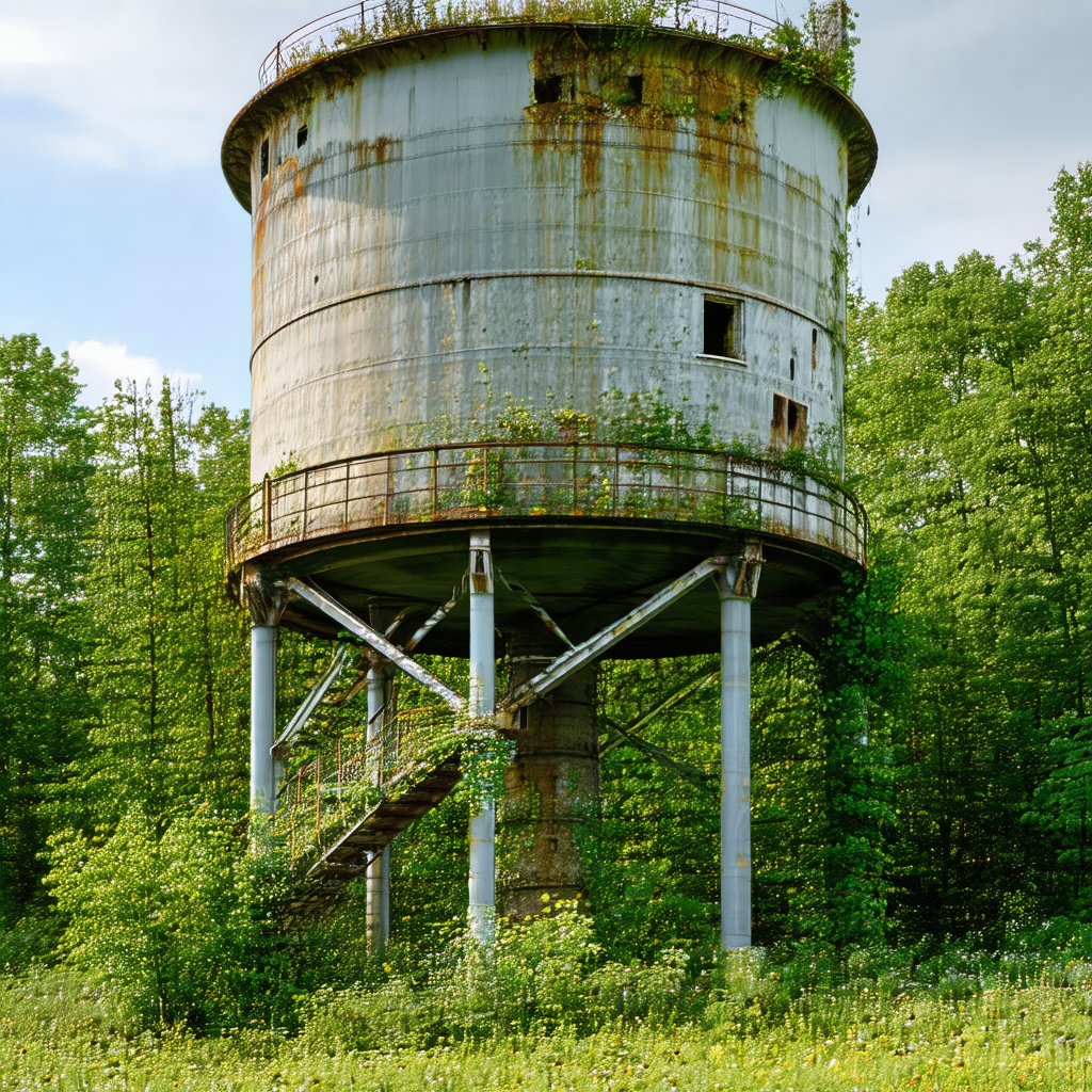 Large, rusty water tower situated in a lush green forest