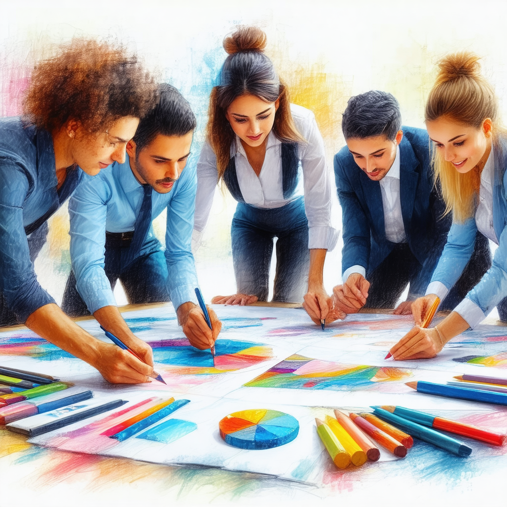 Group of six people, all dressed in business attire, gath...