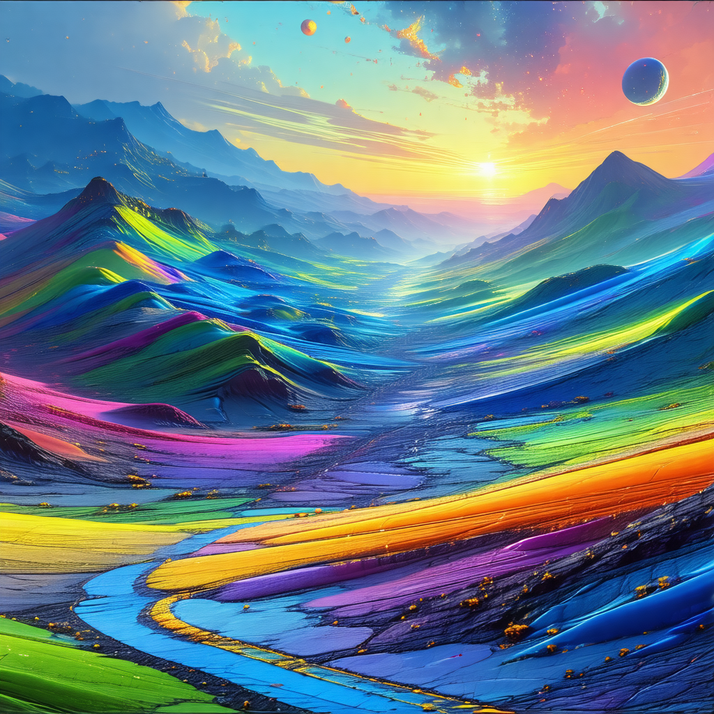 Colorful painting of a mountainous landscape with a river...