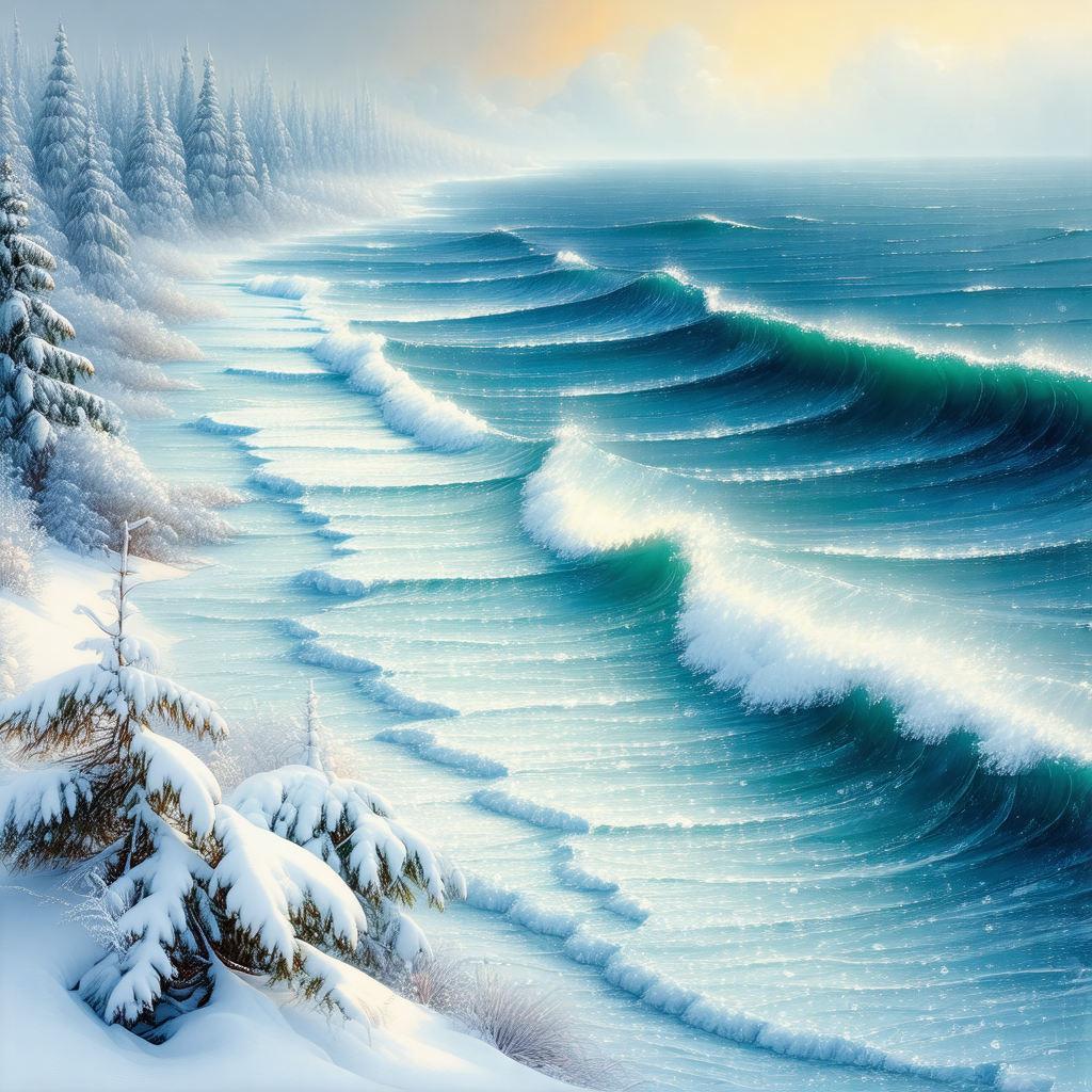 Beautiful snowy beach with a large body of water in the b...