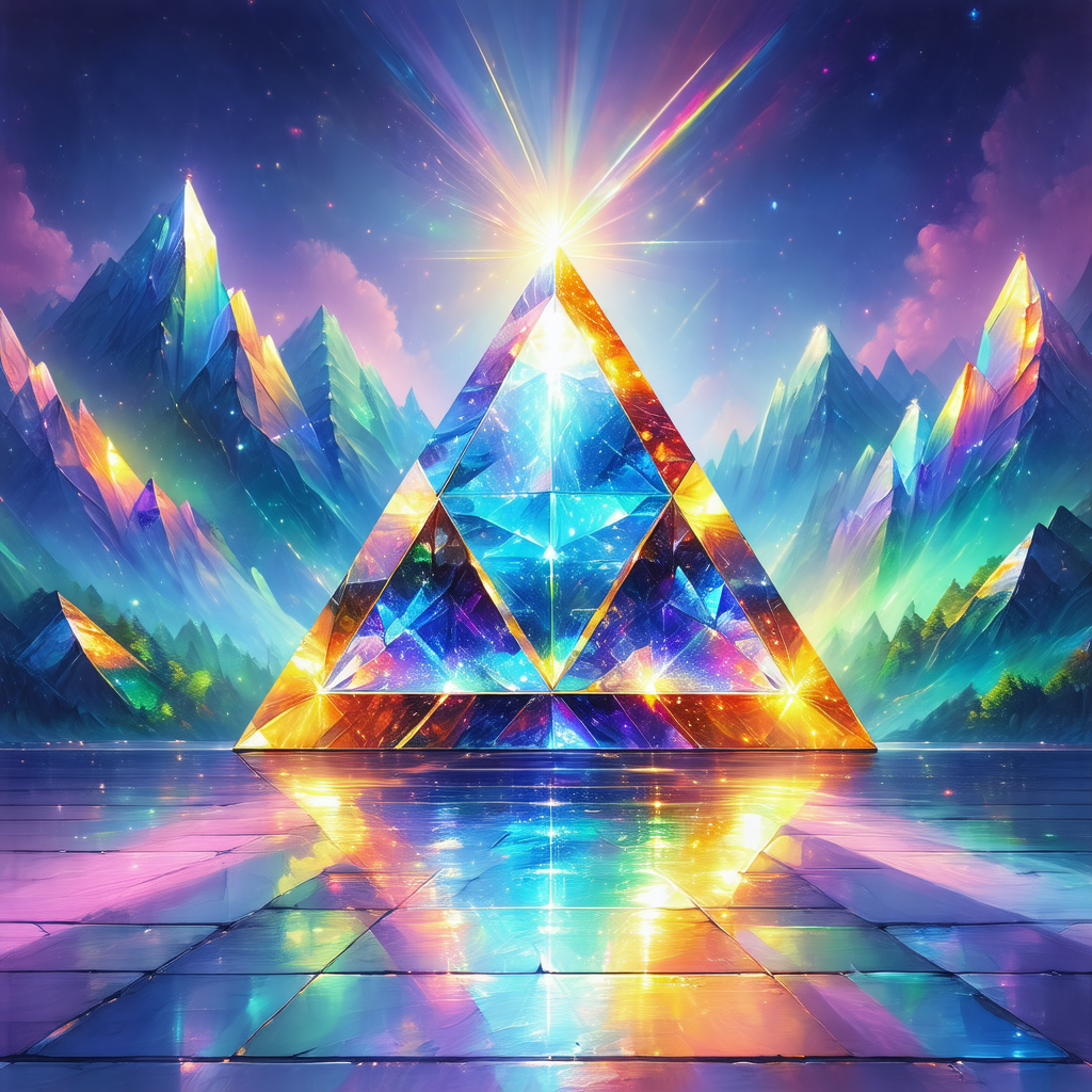Large, colorful crystal structure, possibly a pyramid, si...