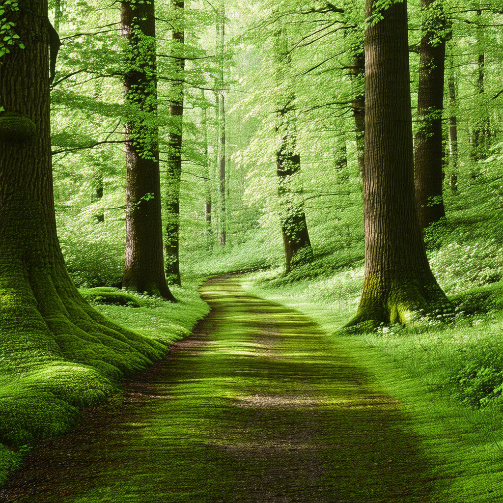 Lush green forest with a pathway running through it