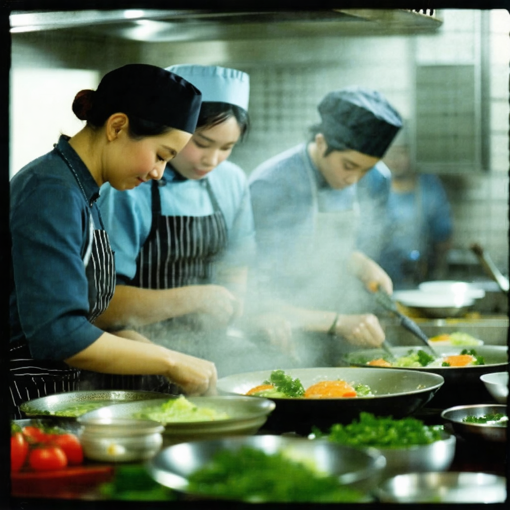 Group of people working together in a kitchen, preparing ...