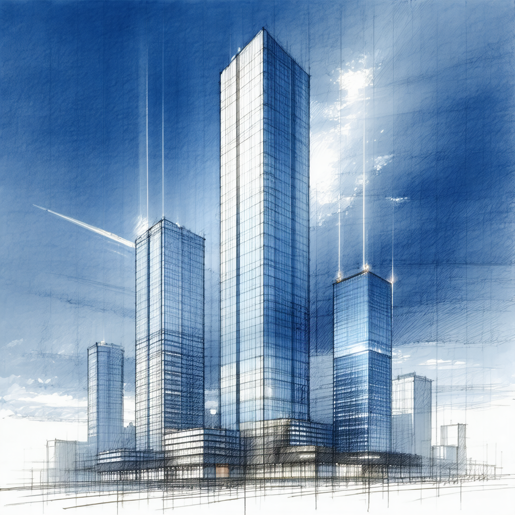 Drawing of a large cityscape featuring a tall building wi...