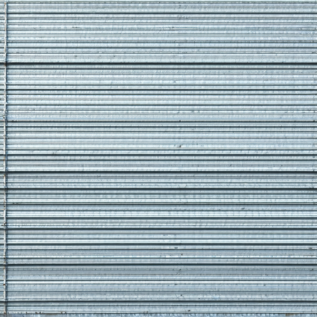 Large blue metal wall with a row of silver metal bars
