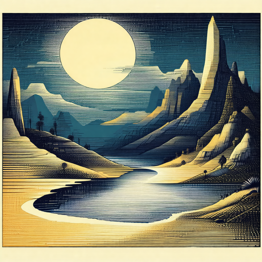 Painting of a beautiful landscape featuring a river flowi...