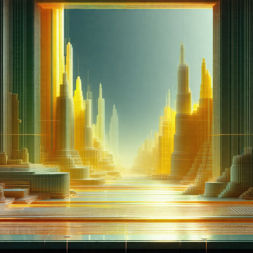 Futuristic cityscape with a large, tall building in the f...