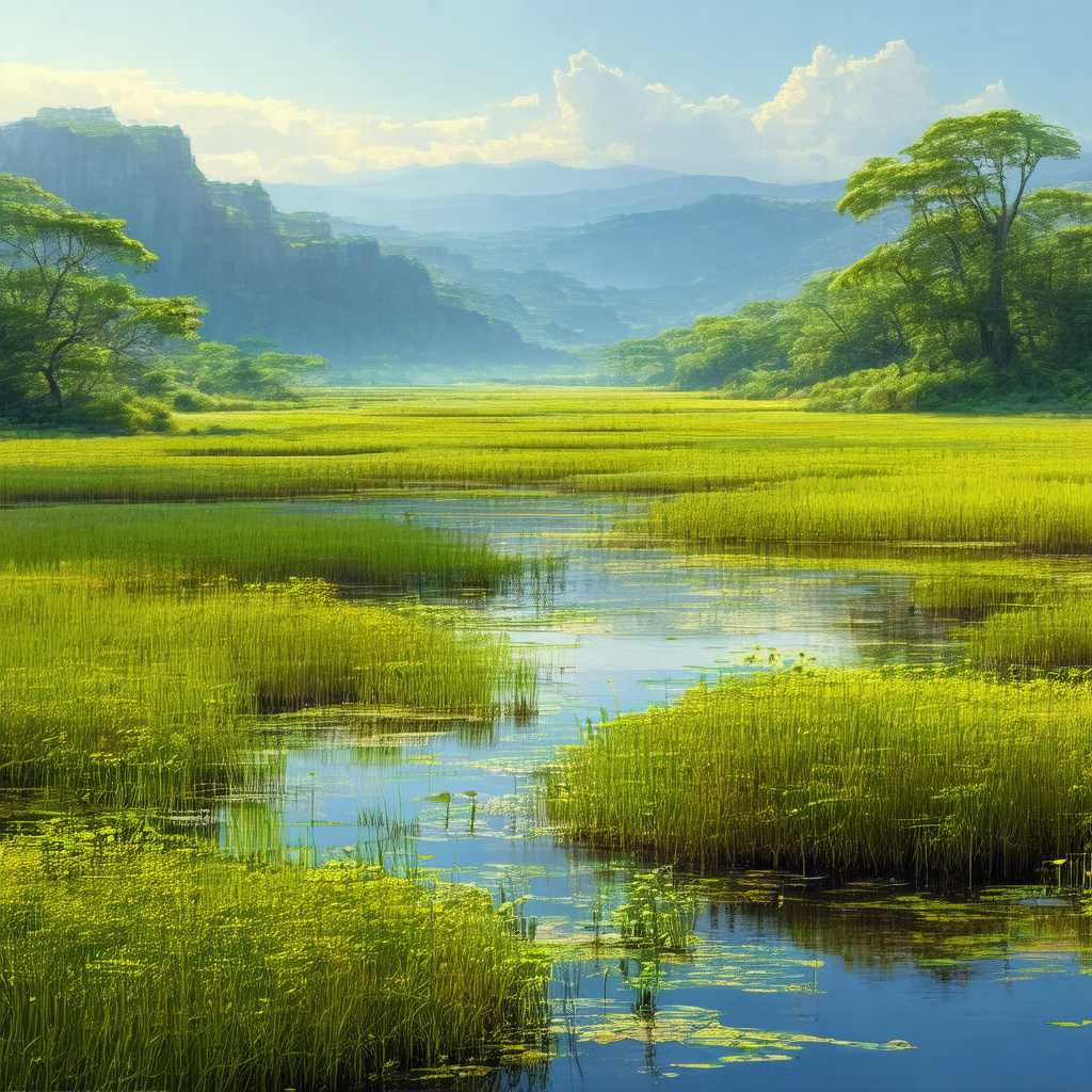 Serene scene of a river flowing through a lush green field