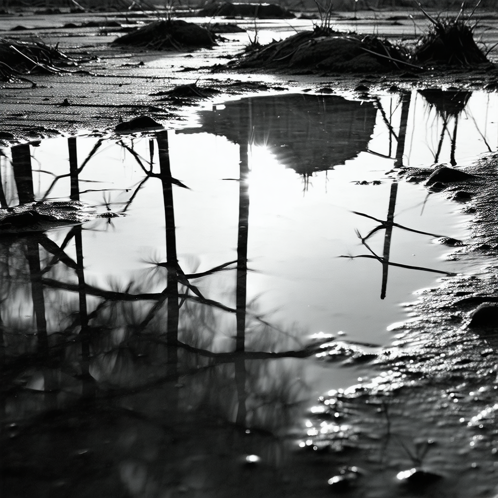 Pond with a reflection of a house in the water