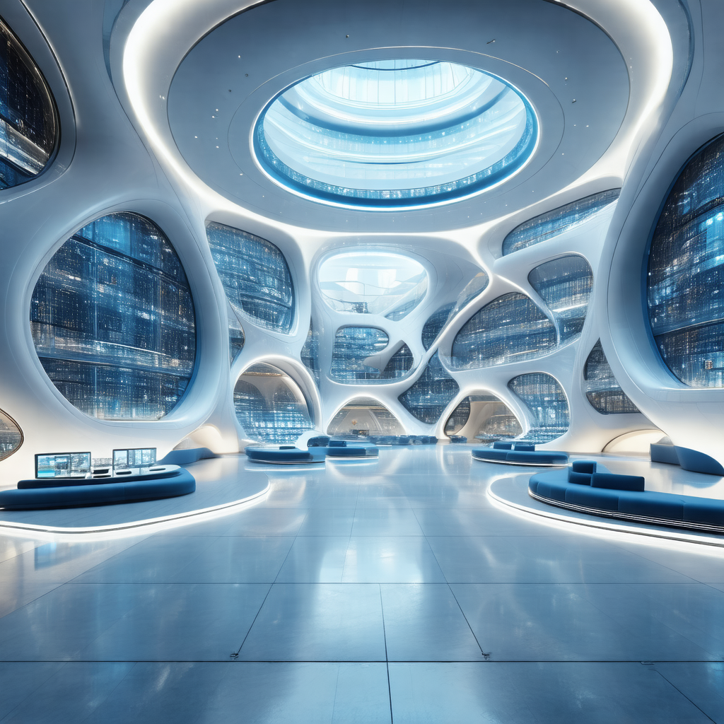 Futuristic, high-tech building with a large, open atrium