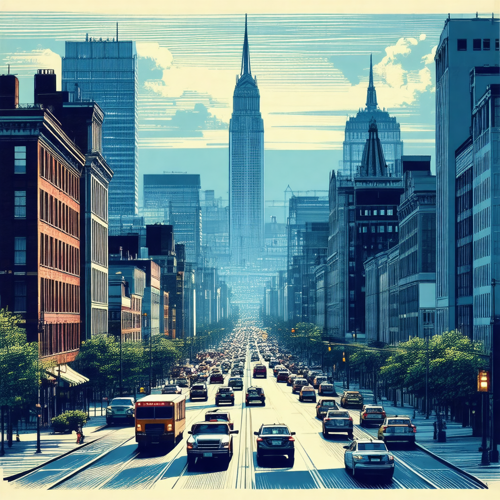Colorful, detailed drawing of a busy city street filled w...