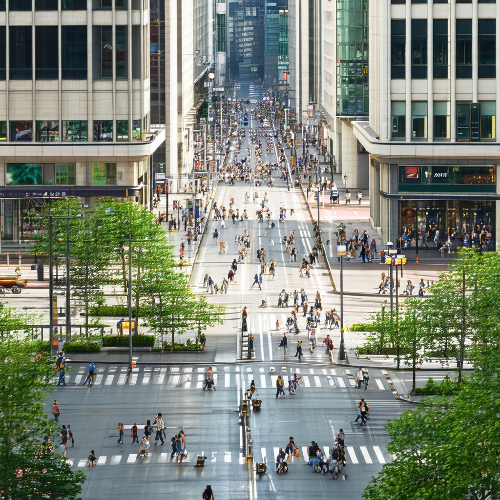 Busy city street filled with people walking and riding bi...