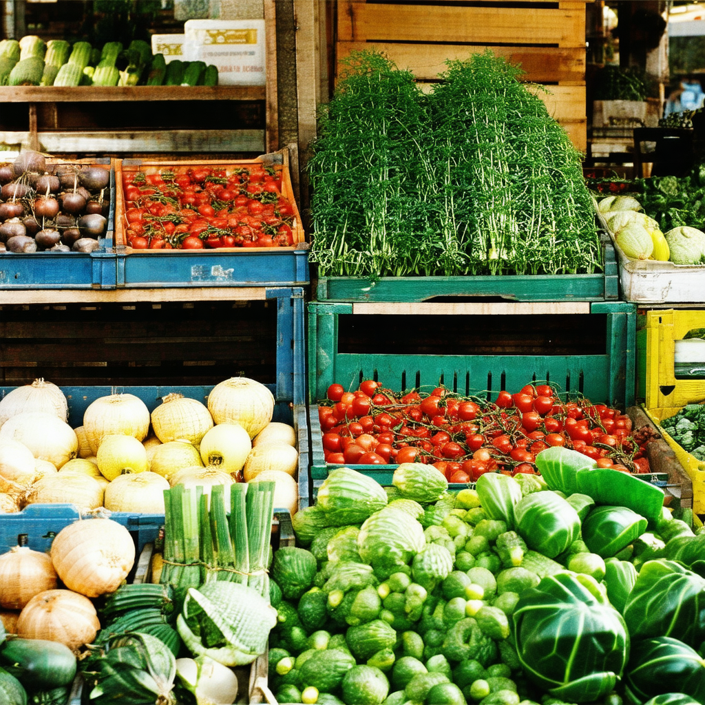 Showcases a large display of fresh vegetables in a market
