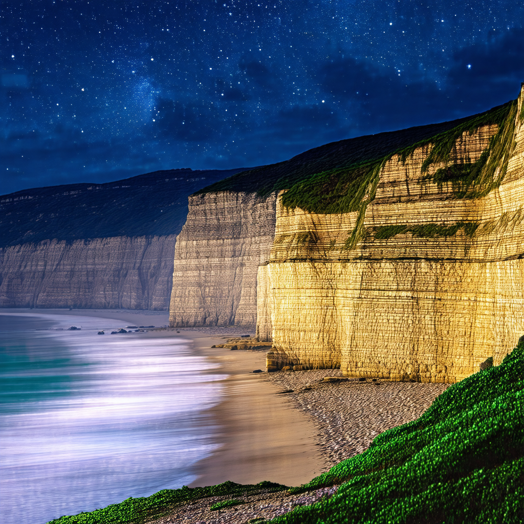Captures a beautiful nighttime scene at the beach, with t...