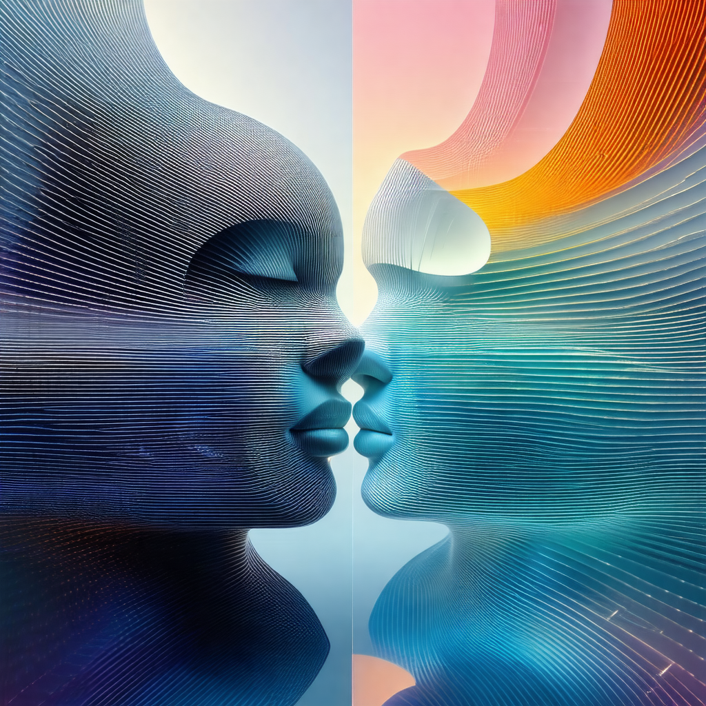 Two sculptures of human heads, each with a different color