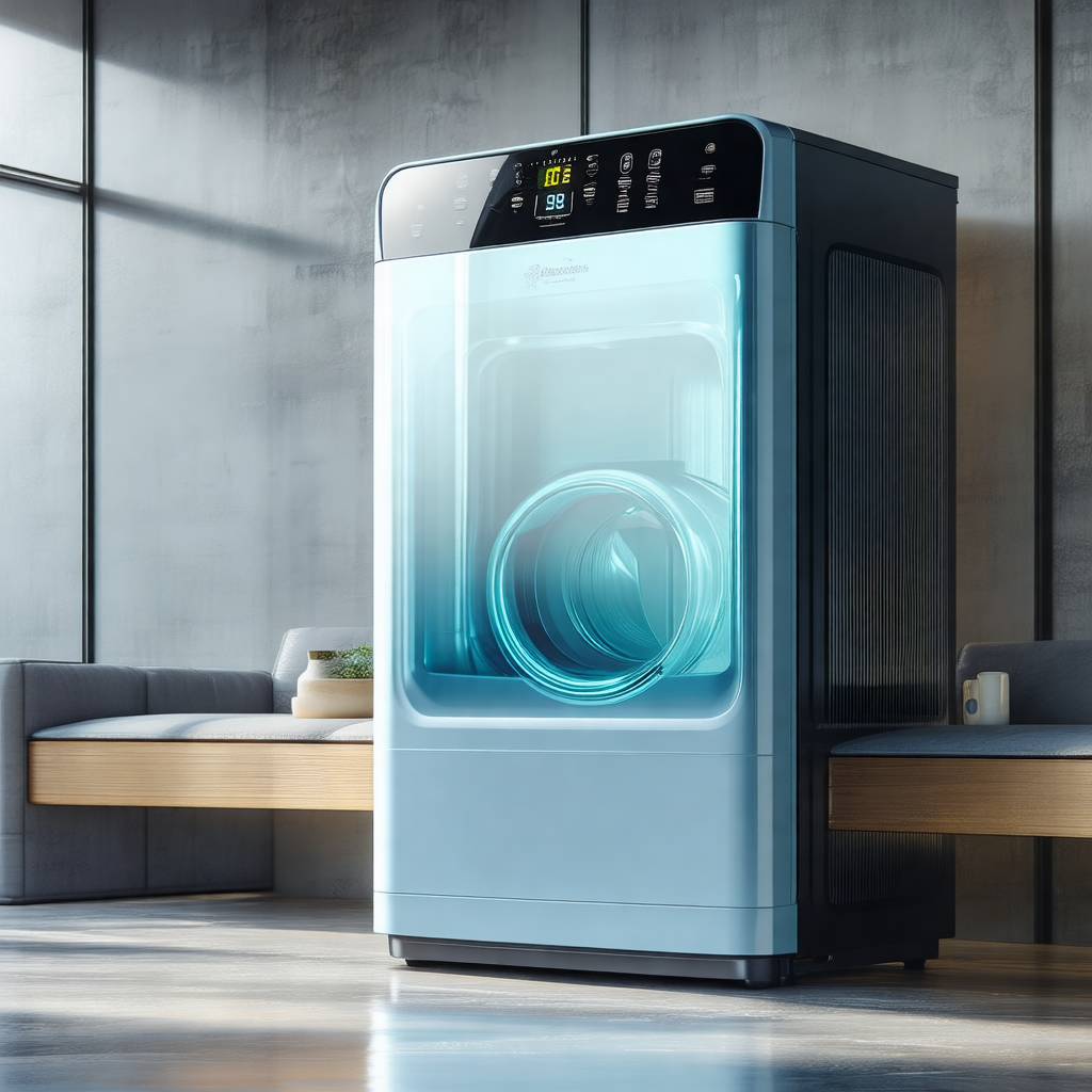 Blue washing machine sitting in a room