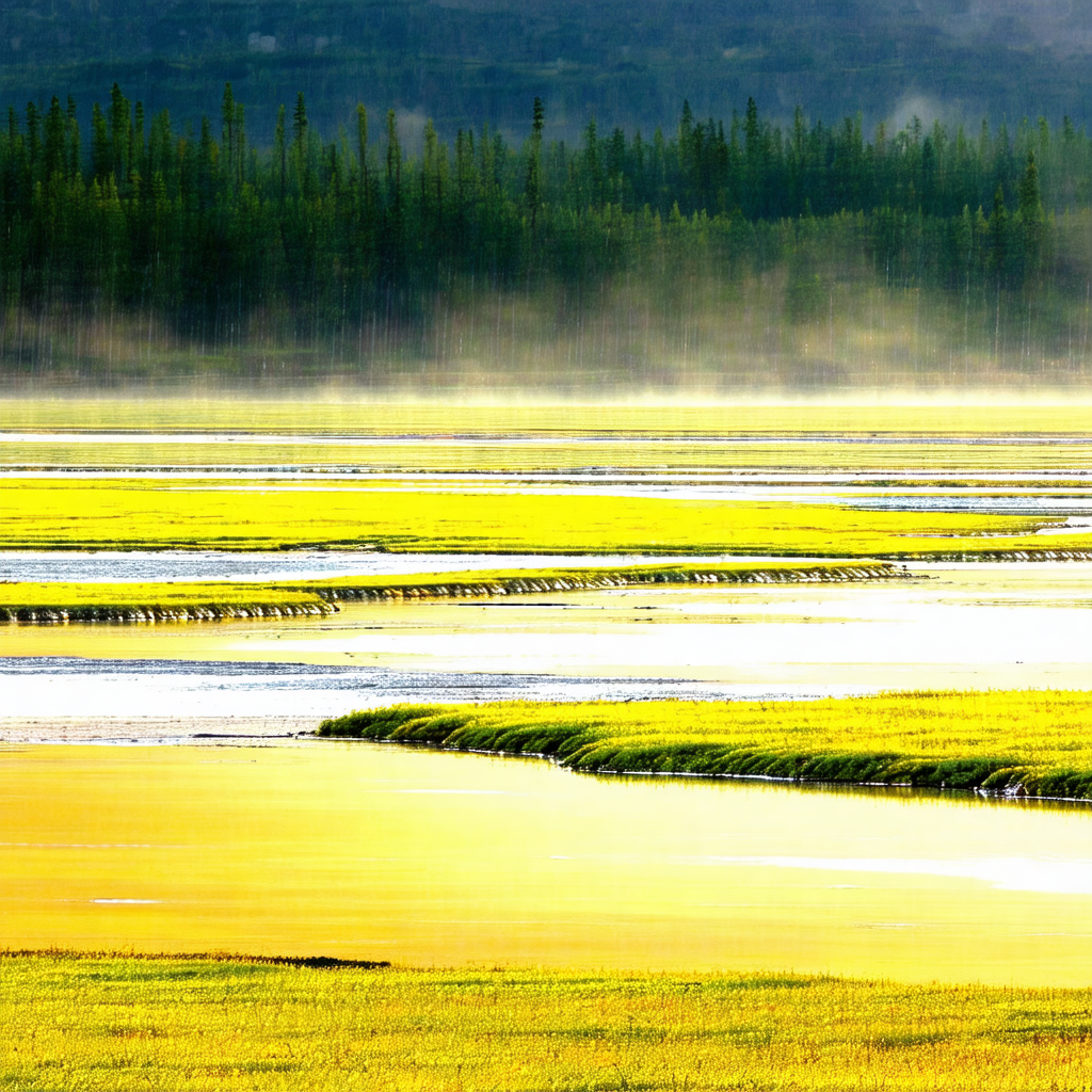 Serene scene of a river flowing through a lush green field