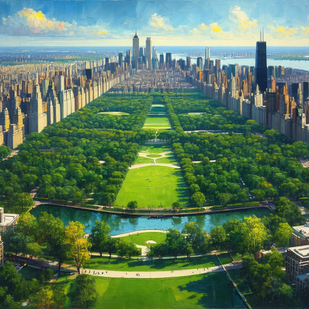 Painting of a city park with a large body of water, likel...