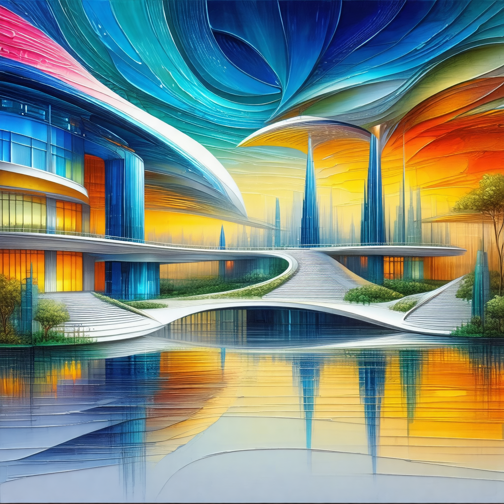 Painting of a futuristic city with a large building in th...