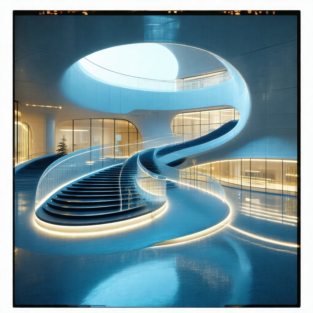 Large, modern building with a spiral staircase that leads...