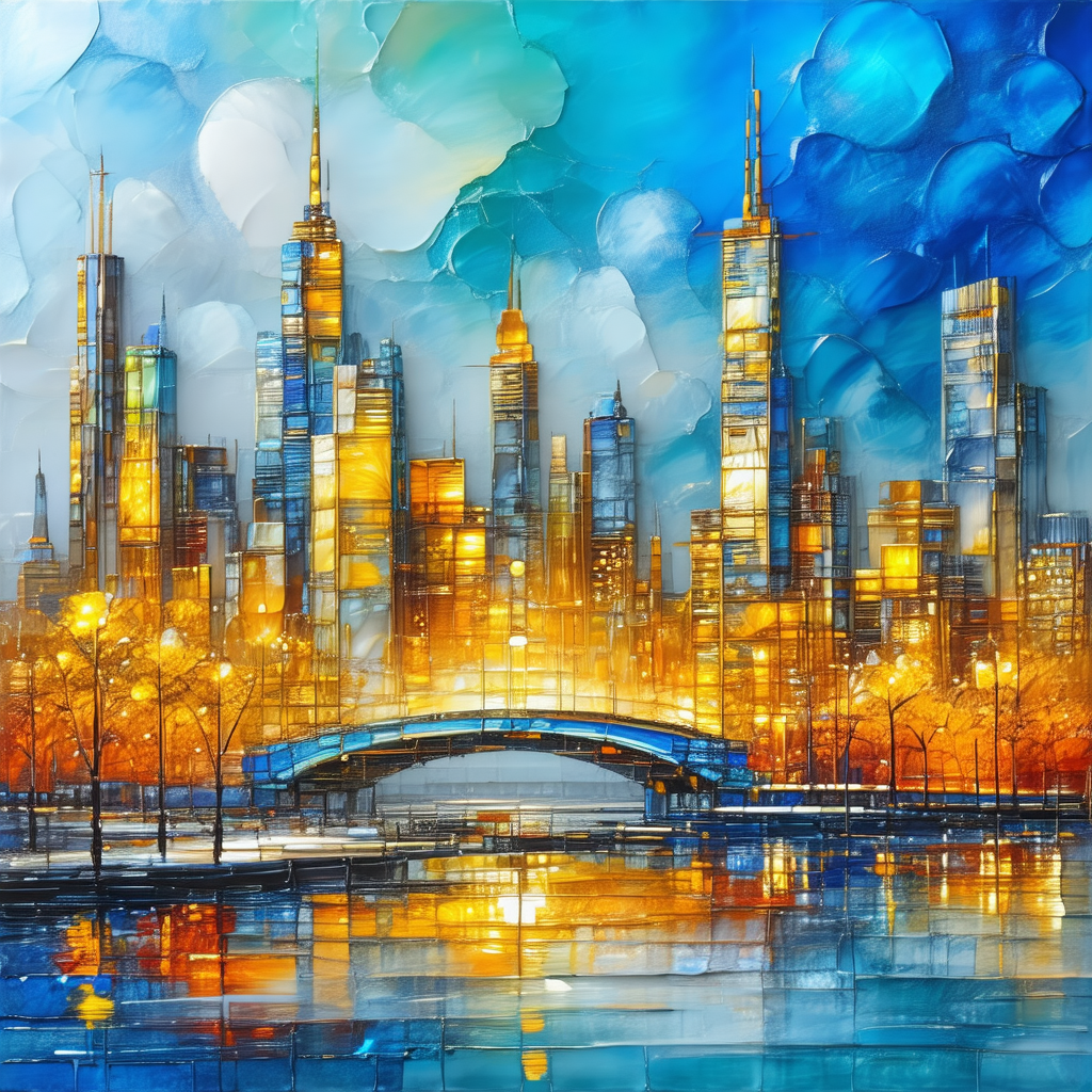 Painting of a cityscape at night, featuring a large bridg...
