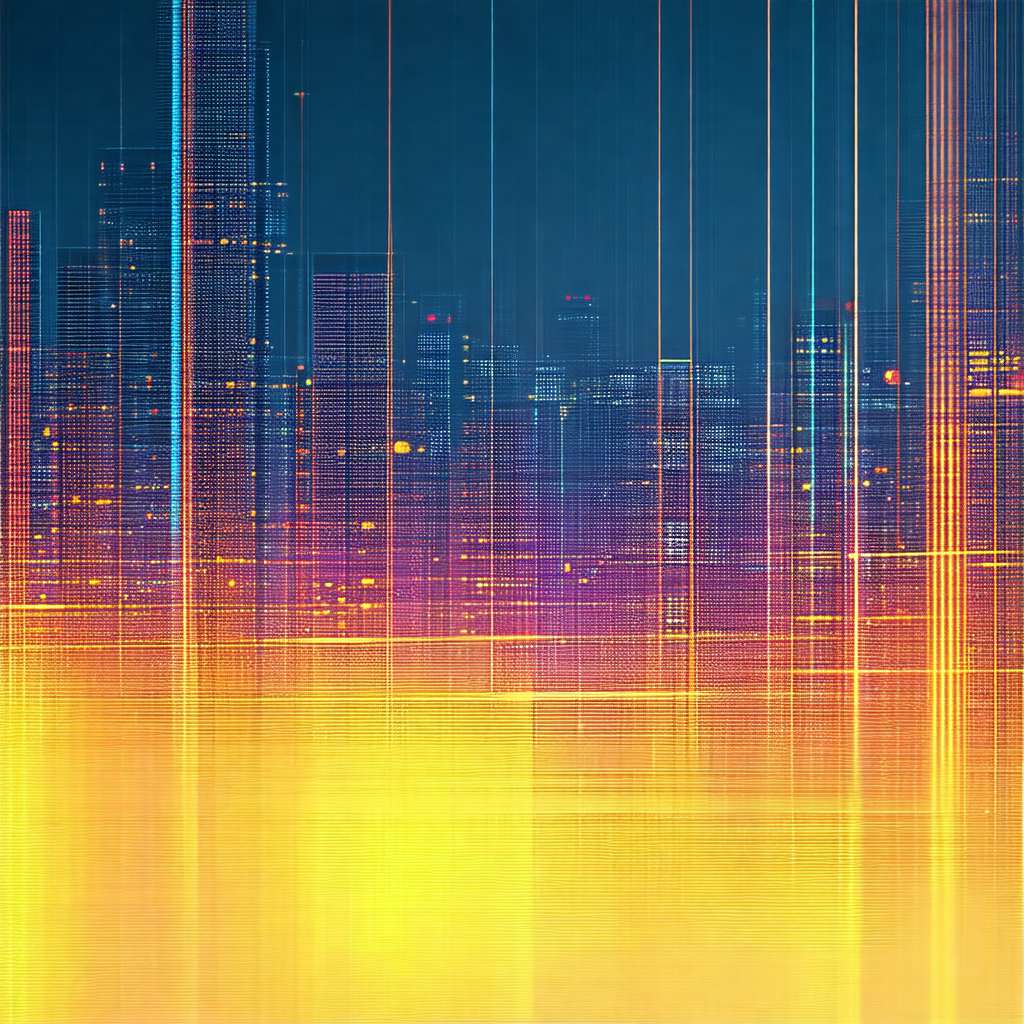 Nighttime cityscape with a skyline of tall buildings