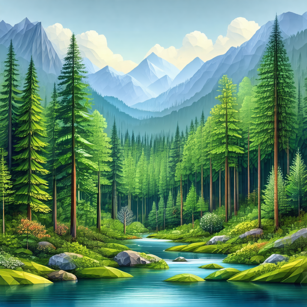 Serene scene of a river flowing through a lush green forest