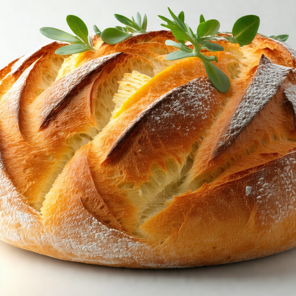 Large, freshly baked loaf of bread with a generous amount...
