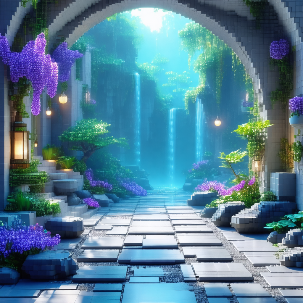 3d digital artwork of a beautiful garden with a waterfall