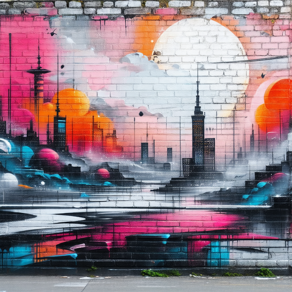 Large mural painted on a brick wall, depicting a cityscap...