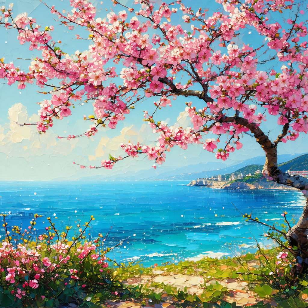 Beautiful tree with pink flowers, situated near a body of...