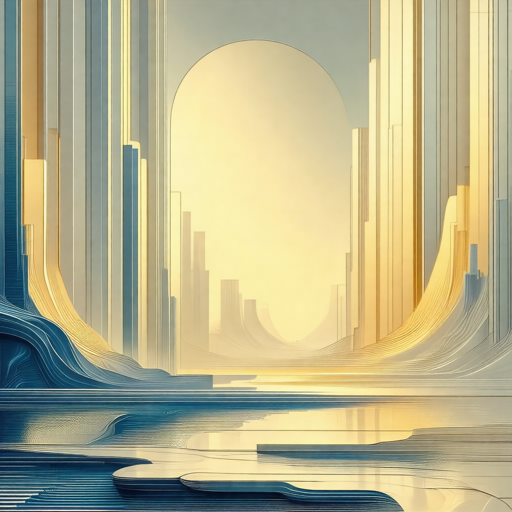 Painting of a futuristic cityscape, featuring a large, cu...