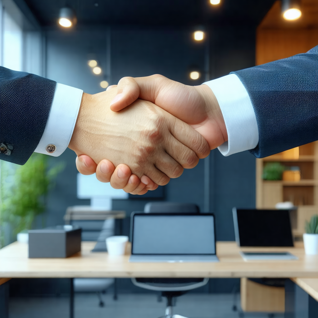 Man and a woman shaking hands in a professional office se...
