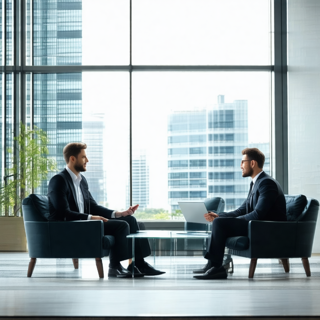 Two men sitting in chairs, engaged in a conversation