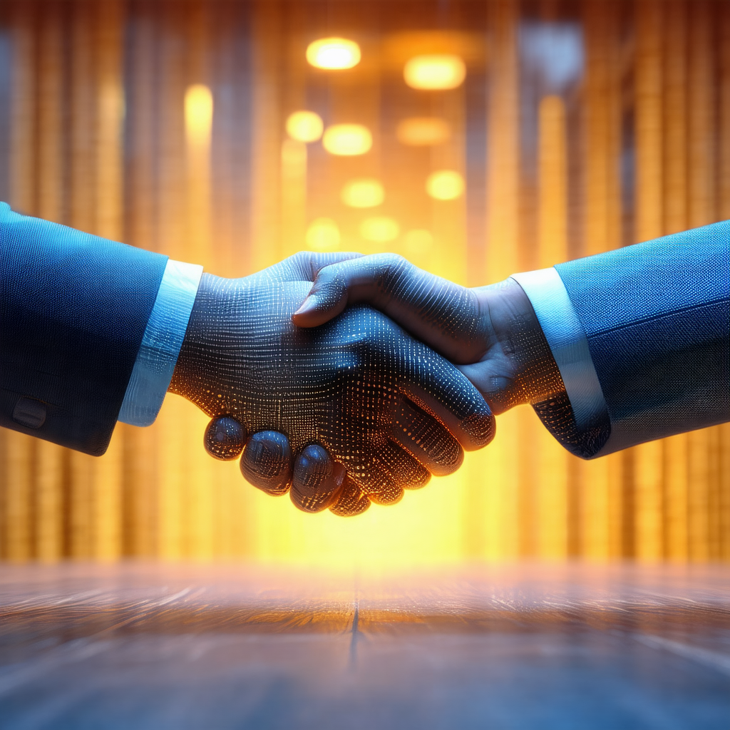 Two men shaking hands in a room with a yellow glow