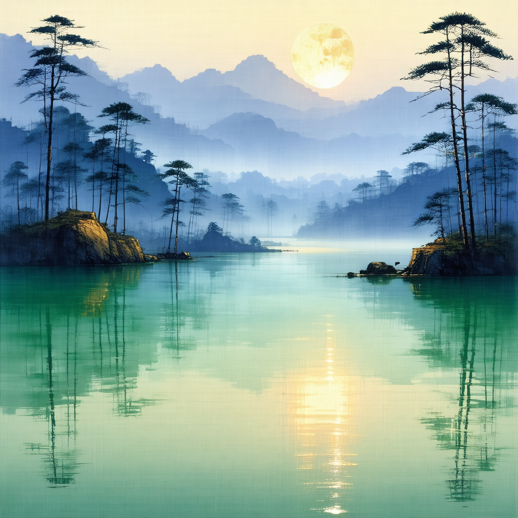 Serene scene of a lake at sunset, with a beautiful moon r...