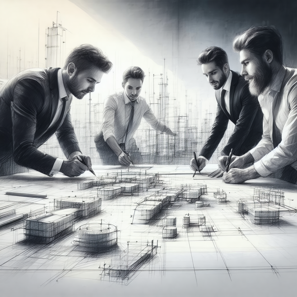 Black and white drawing of four men standing around a tab...