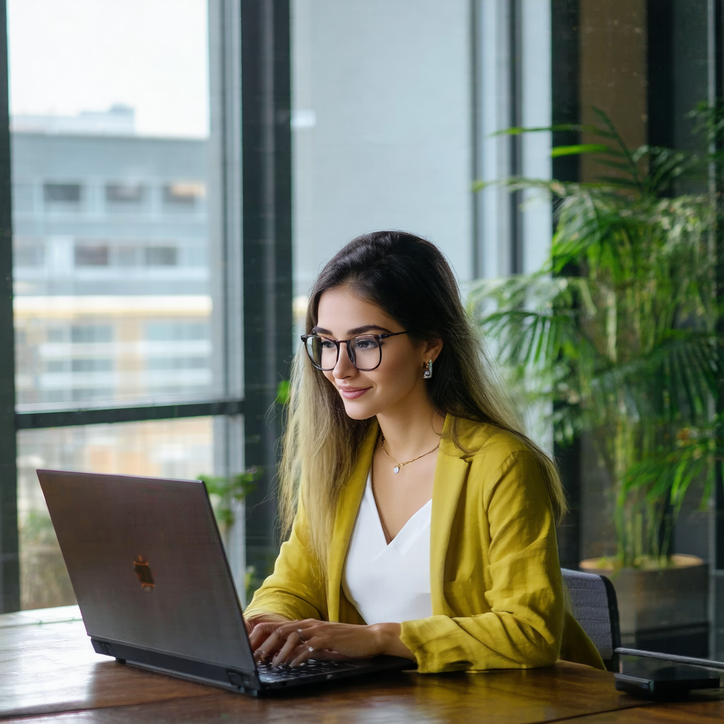Woman sitting at a desk, working on her laptop