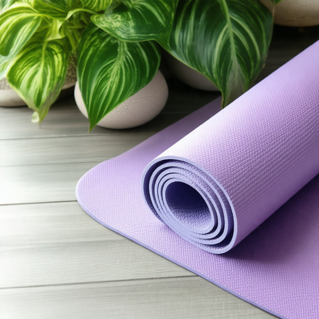 Purple yoga mat placed on a wooden table