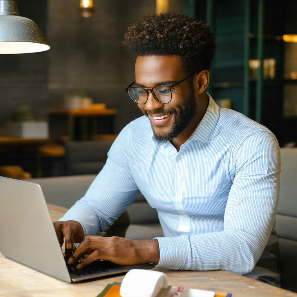Man sitting at a desk, working on a laptop computer