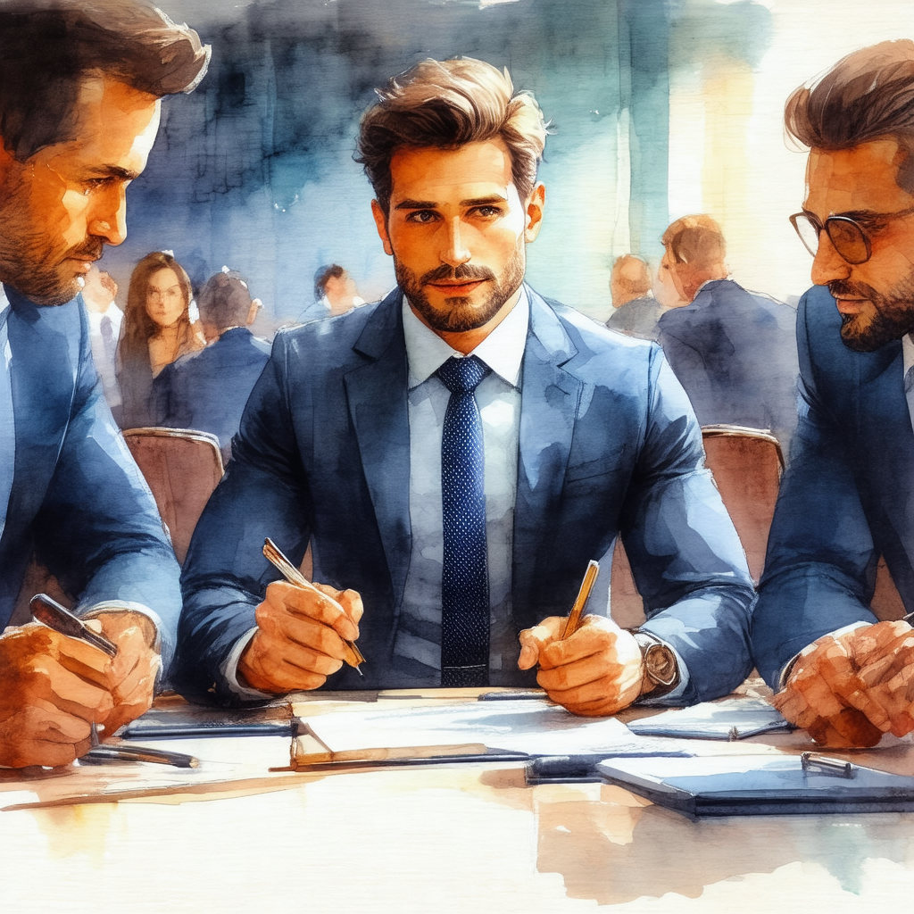 Group of three men dressed in suits, sitting around a din...