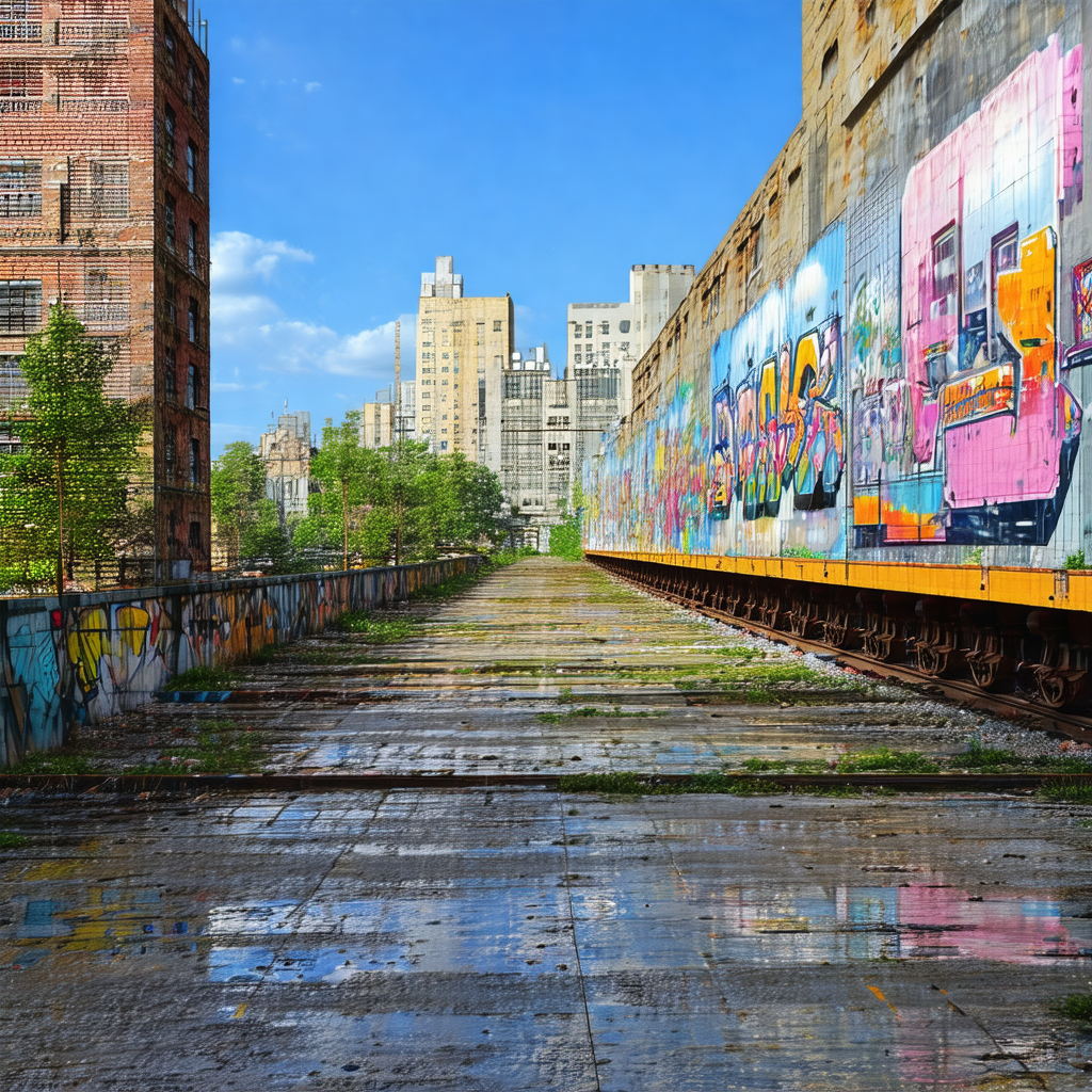 Train traveling down the tracks, with a large building in...