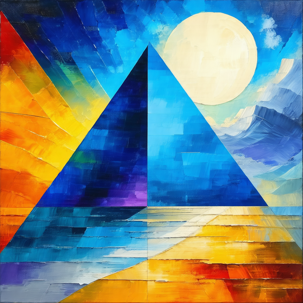 Painting of a beach scene with a large triangle shape in ...