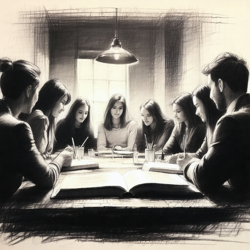 Group of people sitting around a dining table, engaged in...
