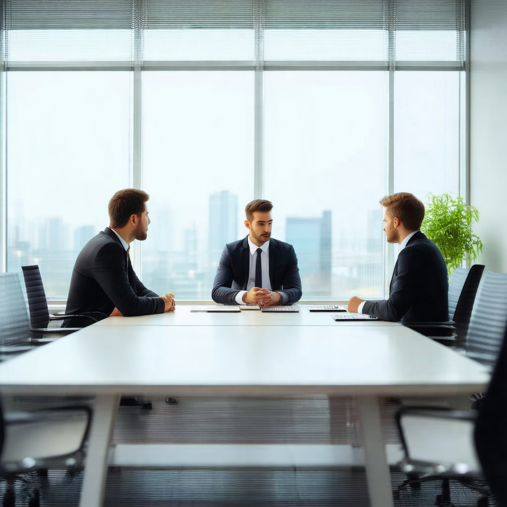 Group of three men sitting around a large conference tabl...