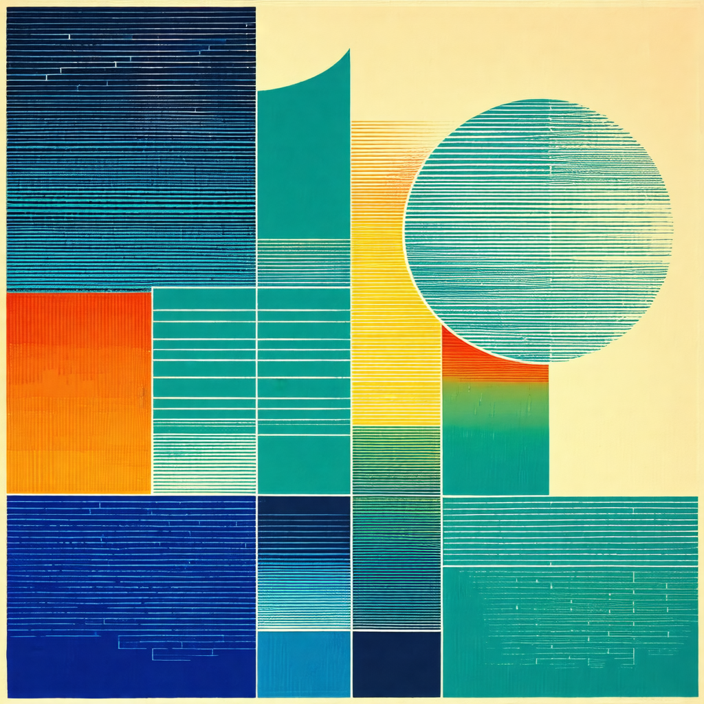 Colorful and abstract artwork featuring a large circle in...