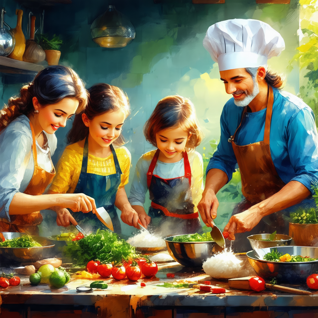 Family gathered in a kitchen, preparing a meal together