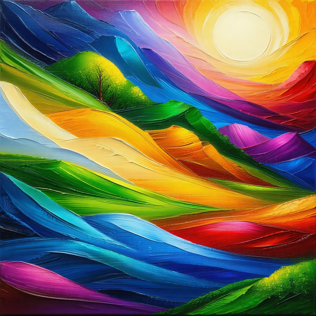 Painting of a mountainous landscape with a vibrant color ...