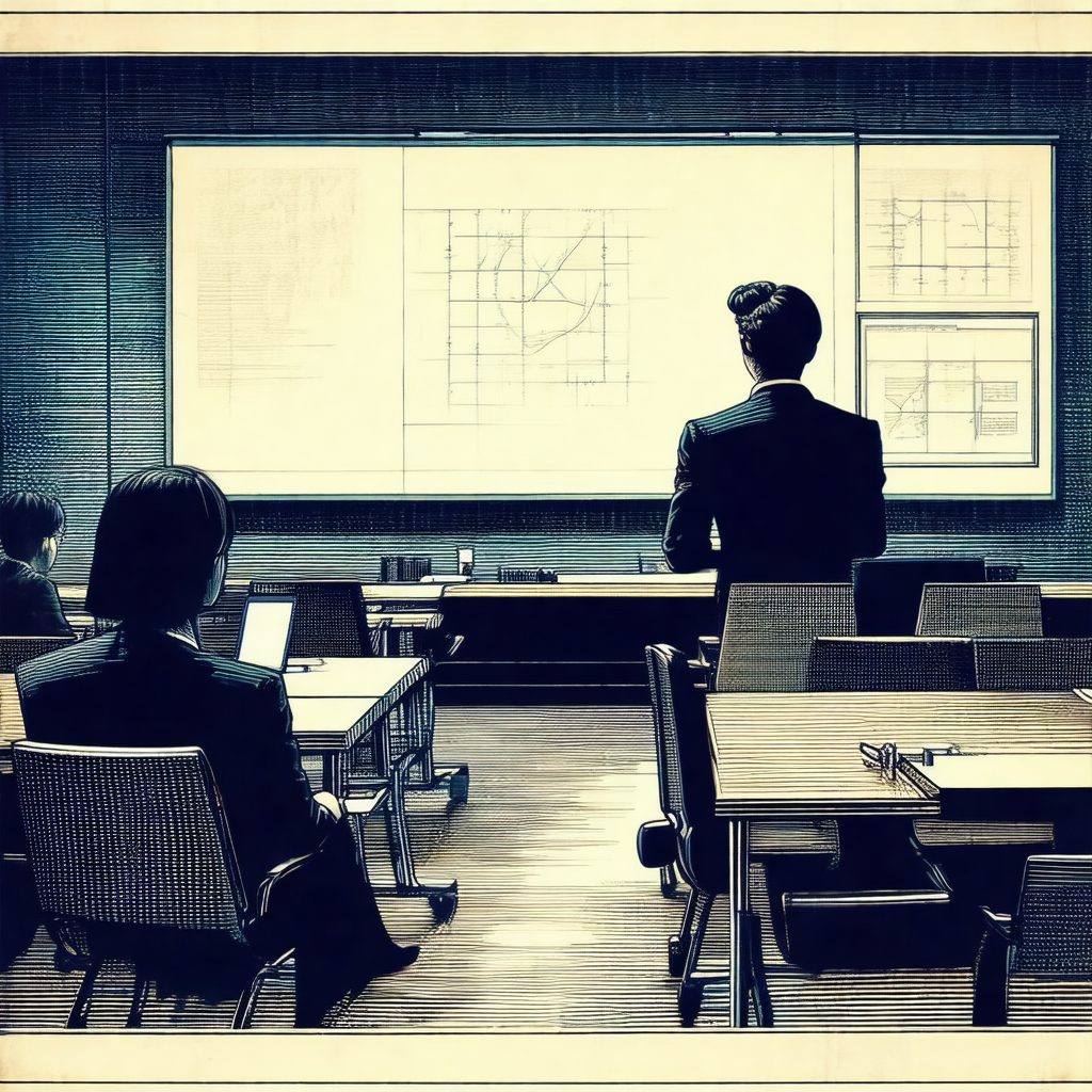 Black and white drawing of a conference room with several...